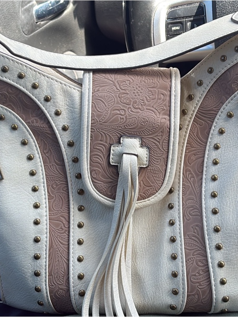 Women's White and Dusty Rose Embossed Fringe Shoulder Bag with Stud Accents